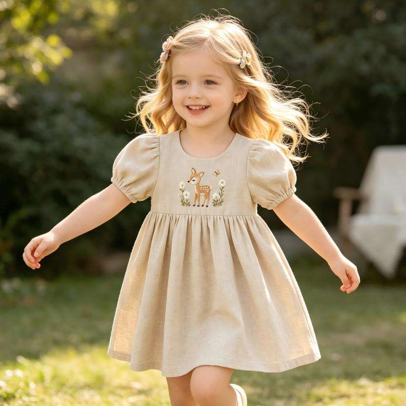 OEM ODM Custom Cotton Linen Baby Dress | Wholesale Puff Sleeve Deer Embroidered Toddler Smock Dress | 55% Cotton 45% Linen Breathable Sustainable Kids A-Line Casual Dress Boutique Clothing Manufacturing Supplier
