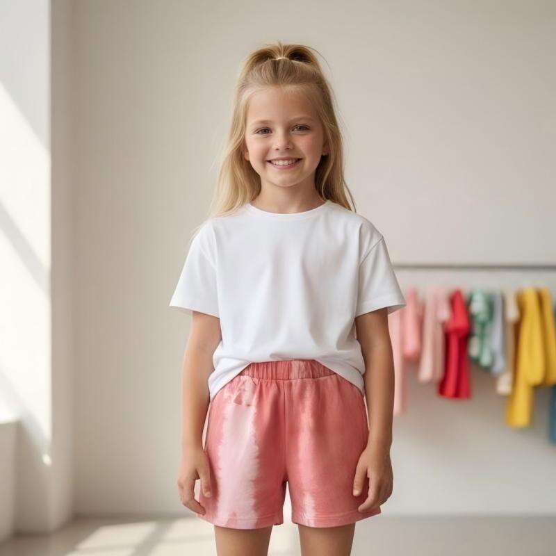 OEM/ODM 100% Cotton Toddler Girls Shorts Natural Plant Botanical Dyed Tie Dye Kids Summer Elastic Waist Shorts with Pockets Custom Wholesale Private Label