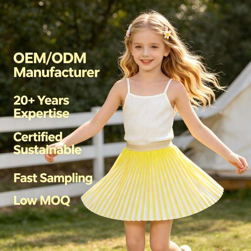 OEM ODM Girls Recycled Polyester Pleated Skirt | Custom Kids Yellow Gradient Tennis Skirt Manufacturer | Sustainable Children’s Fashion Factory