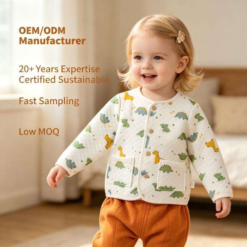 Custom Baby Quilted Jacket Manufacturer OEM ODM | Dinosaur Print Infant Cardigan Coat | Soft Cotton Baby Outerwear Supplier for Private Label Babywear Brands