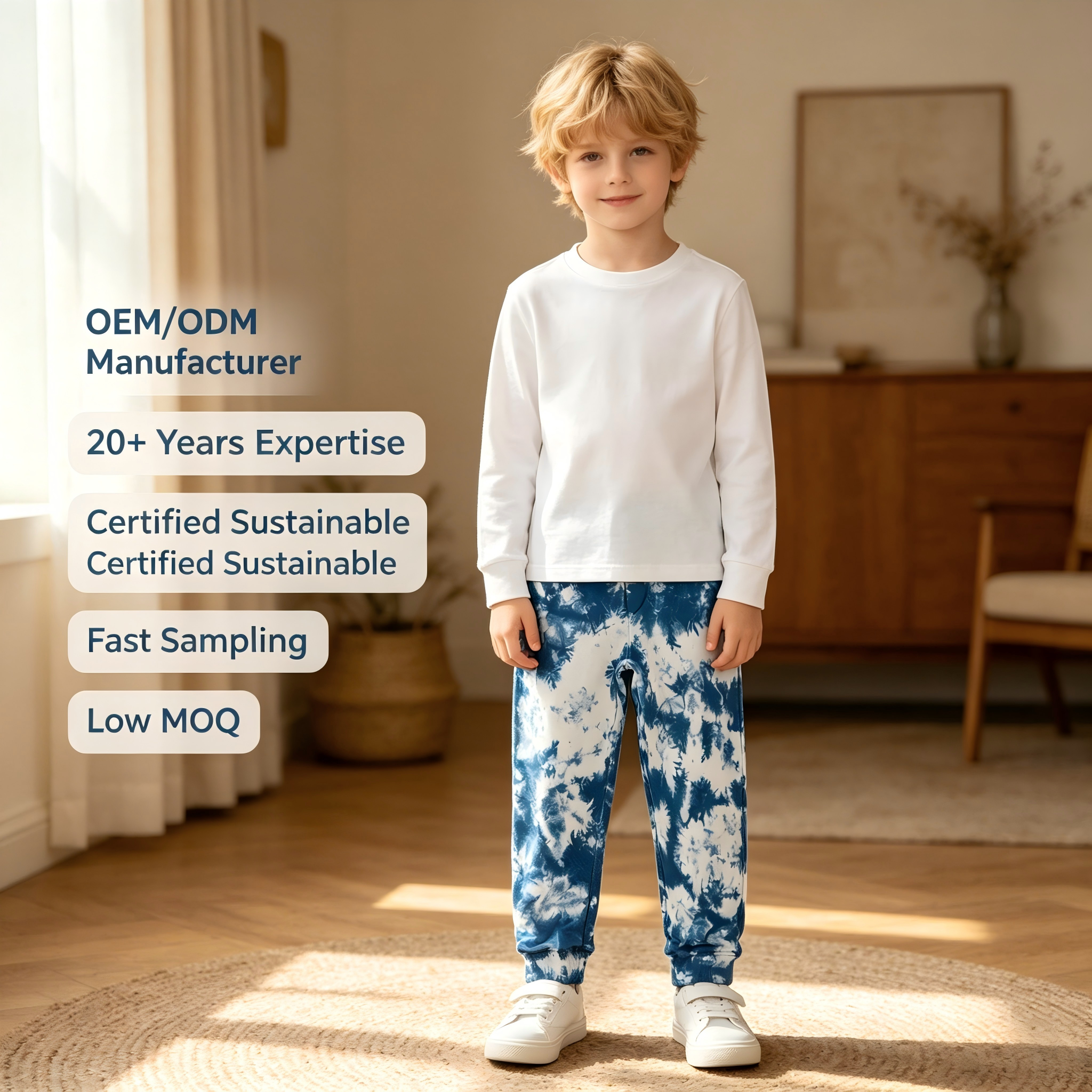 OEM/ODM Kinder-Jogginghose mit Batik-Optik | 100 % Bio-Baumwolle, Sweatpants mit blauer Wolken-Batik | umweltfreundliche, mit Pflanzenfarben gefärbte Kinderhosen für Private-Label-Marken | nachhaltige, ungiftige Kleinkinderbekleidung mit botanischen Farbstoffen | Großhandels-Hersteller