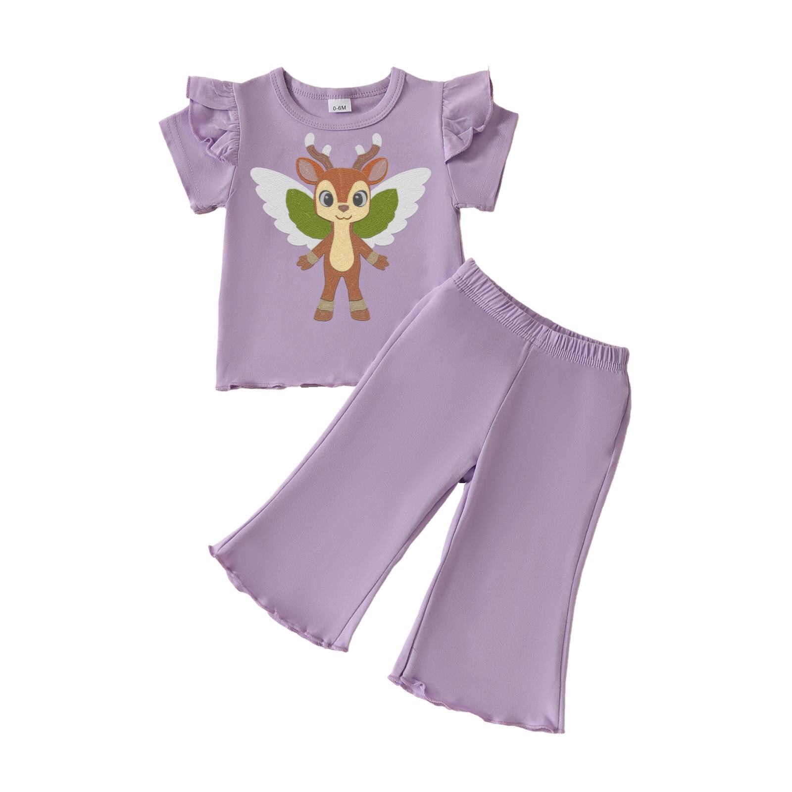 Embroidery Ruffle Short Sleeve T-shirt and Flare Pants Outfit