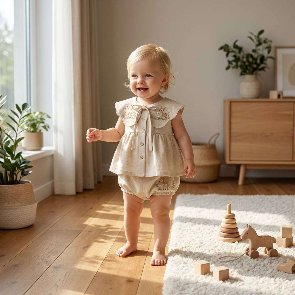 OEM/ODM Custom Embroidered Baby Set 55% Cotton 45% Linen | Wholesale Vintage Infant Peter Pan Collar Blouse & Bloomers | Children's Boutique Clothing Factory Supply | Luxury Toddler Summer Outfit Private Label Bulk