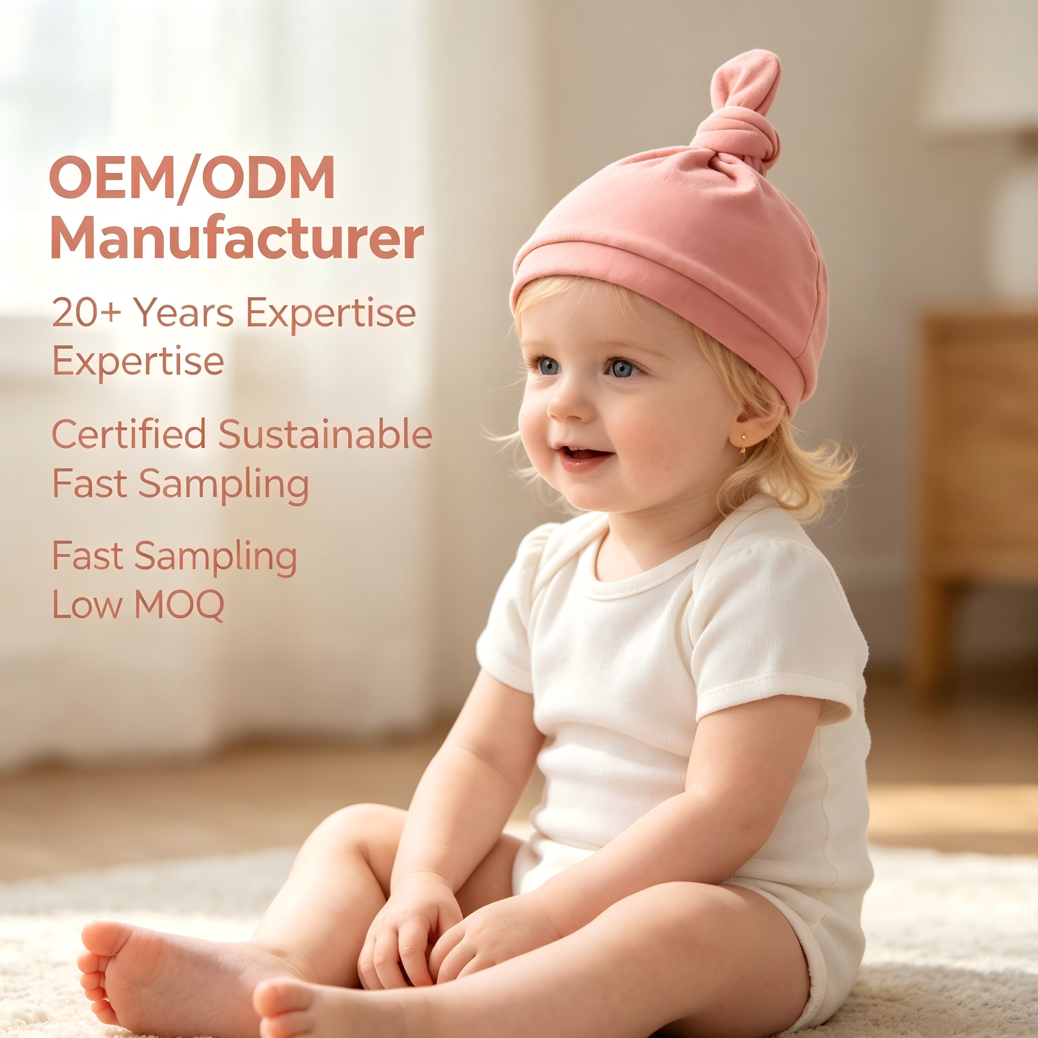 Bonnet bébé en coton biologique avec nœud sur le dessus – Chapeau rose pâle pour nourrisson teint à base de plantes durables, destiné aux marques soucieuses de l’environnement – Fabricant spécialisé dans les couvre-chefs personnalisés pour nouveau-nés (OEM/ODM) – Vêtements respirants et non toxiques pour tout-petits