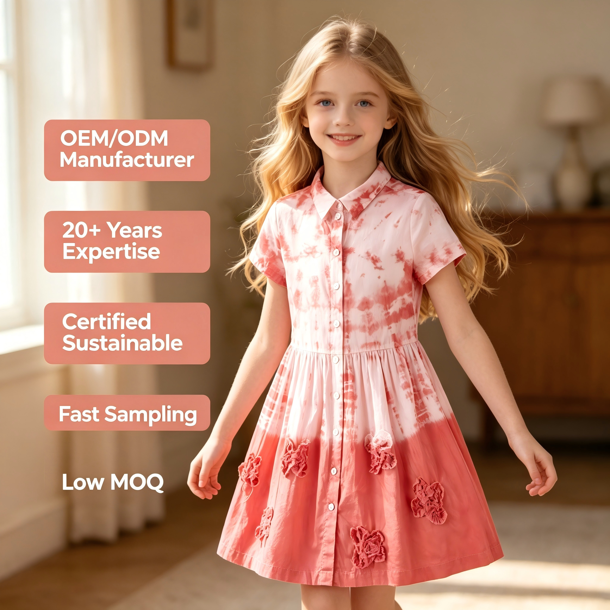 OEM/ODM 100% Cotton Girls Shirt Dress Natural Plant Botanical Dyed Tie Dye Ombre Kids Button Down Dresses with Applique Custom Wholesale Private Label