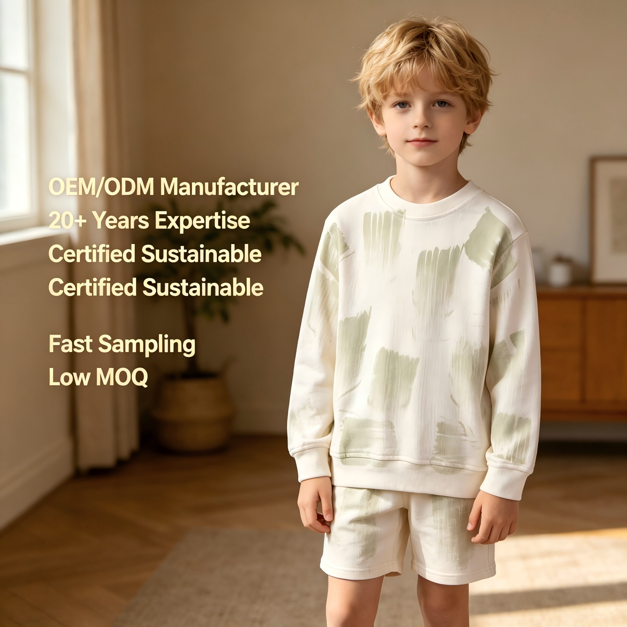 OEM/ODM kinder-sweatshirt met penseelstrekenprint | 100% biologisch katoen, met planten gekleurd kinder-pullover | milieuvriendelijk, niet-toxisch, botanisch gekleurd crewneck-shirt voor eigen merk | duurzame, ademende kleding voor peuter | groothandelsfabrikant