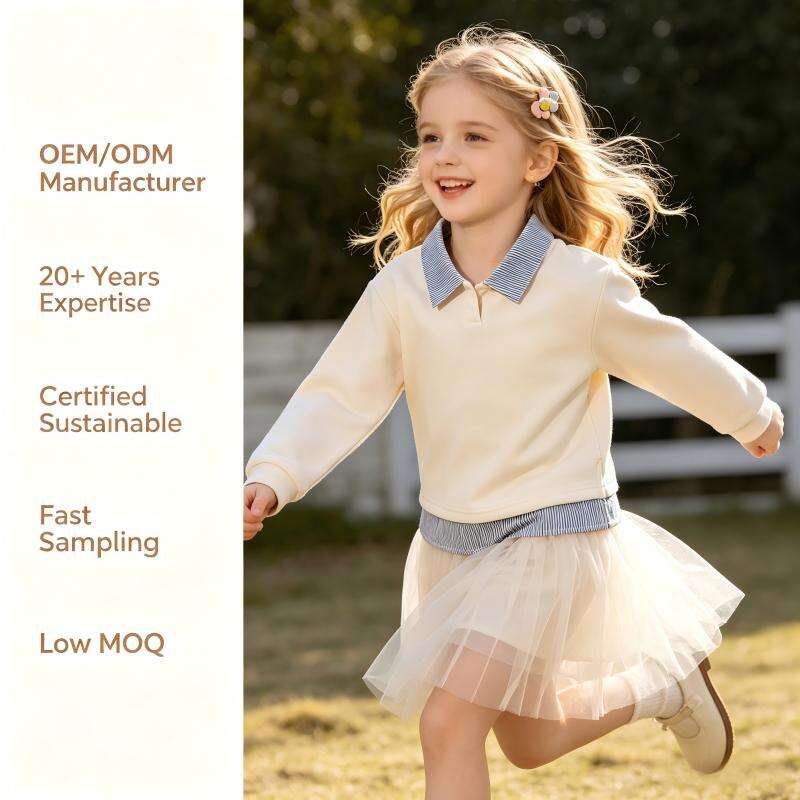 OEM/ODM Custom Kids' Preppy Polo Collar Sweatshirt - Layered Stripe Design, Soft Cotton Blend Long Sleeve Top for Boys & Girls, Bulk Manufacturing & Private Label Available