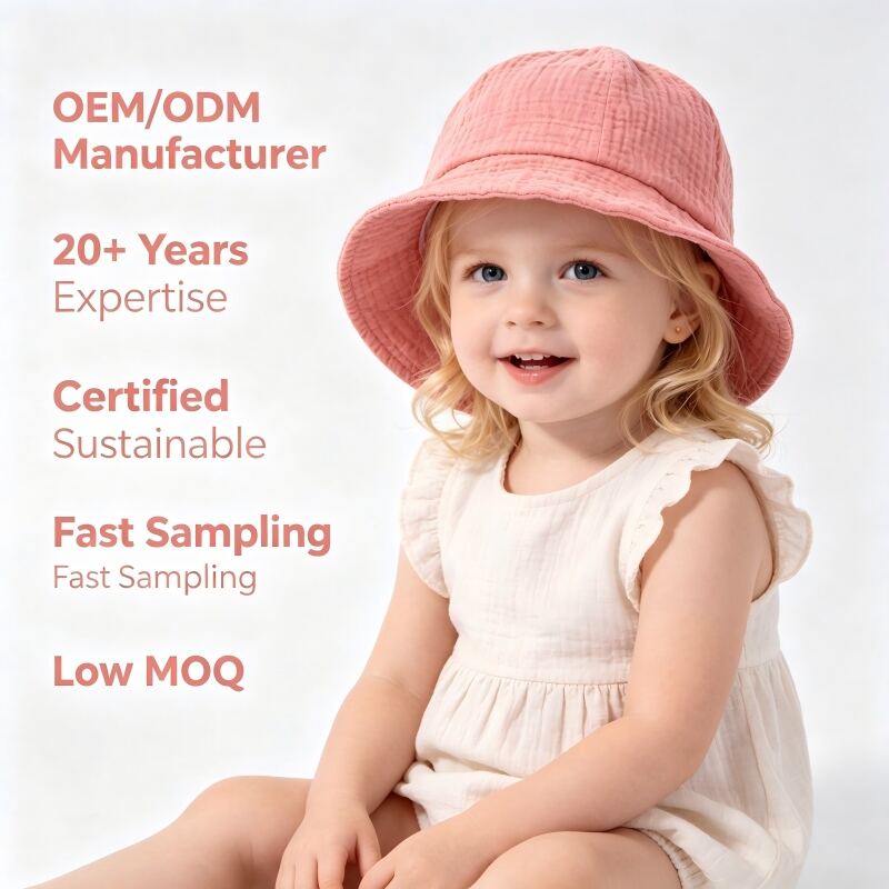 Fournisseur personnalisé de chapeaux-baquet pour bébés teints aux plantes | Chapeau solaire pour nourrissons en coton mousseline bio, fabricant OEM/ODM proposant des étiquettes privées