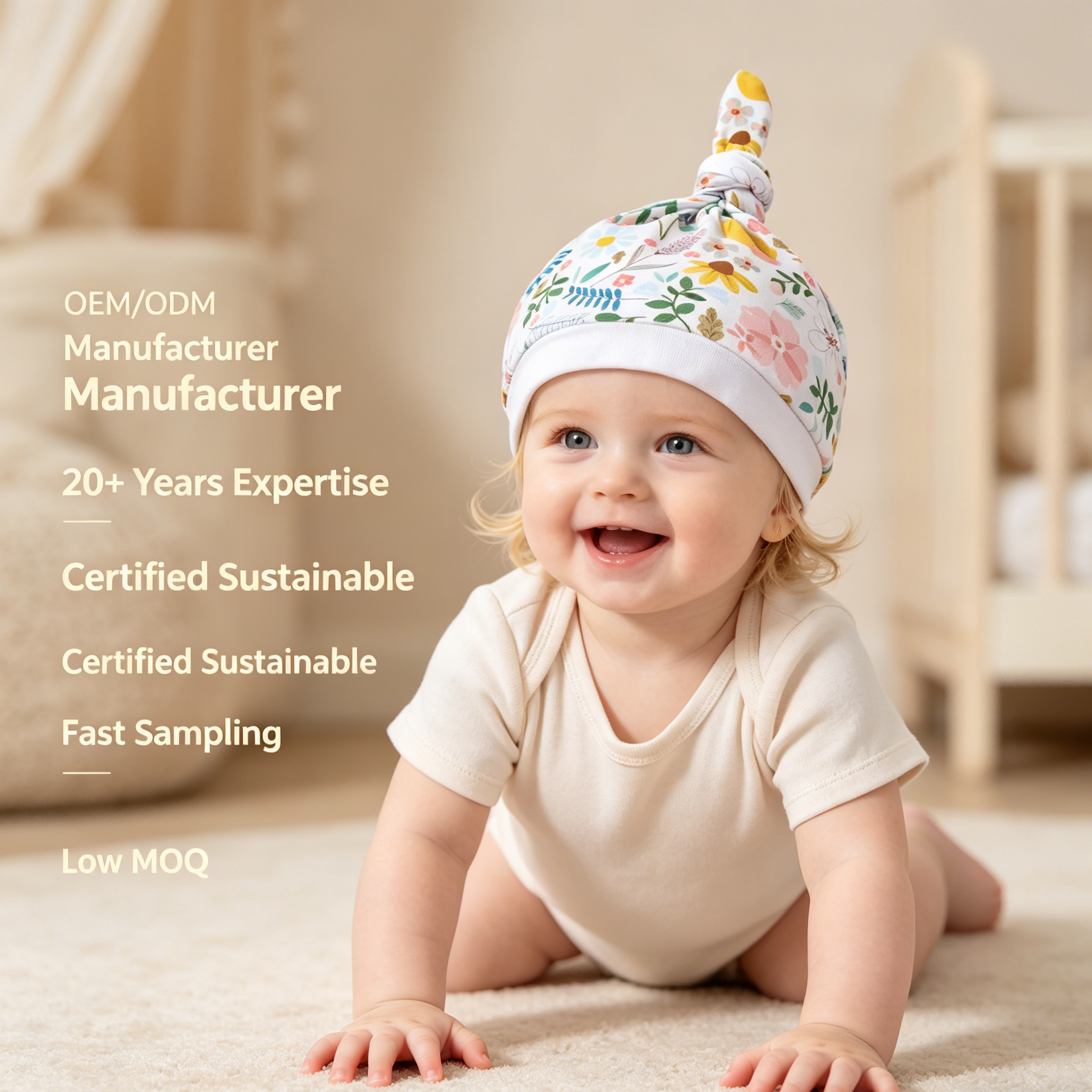 Producent af tilpasset botanisk babyknudehat | OEM/ODM-leverandør af blomstret babybælte