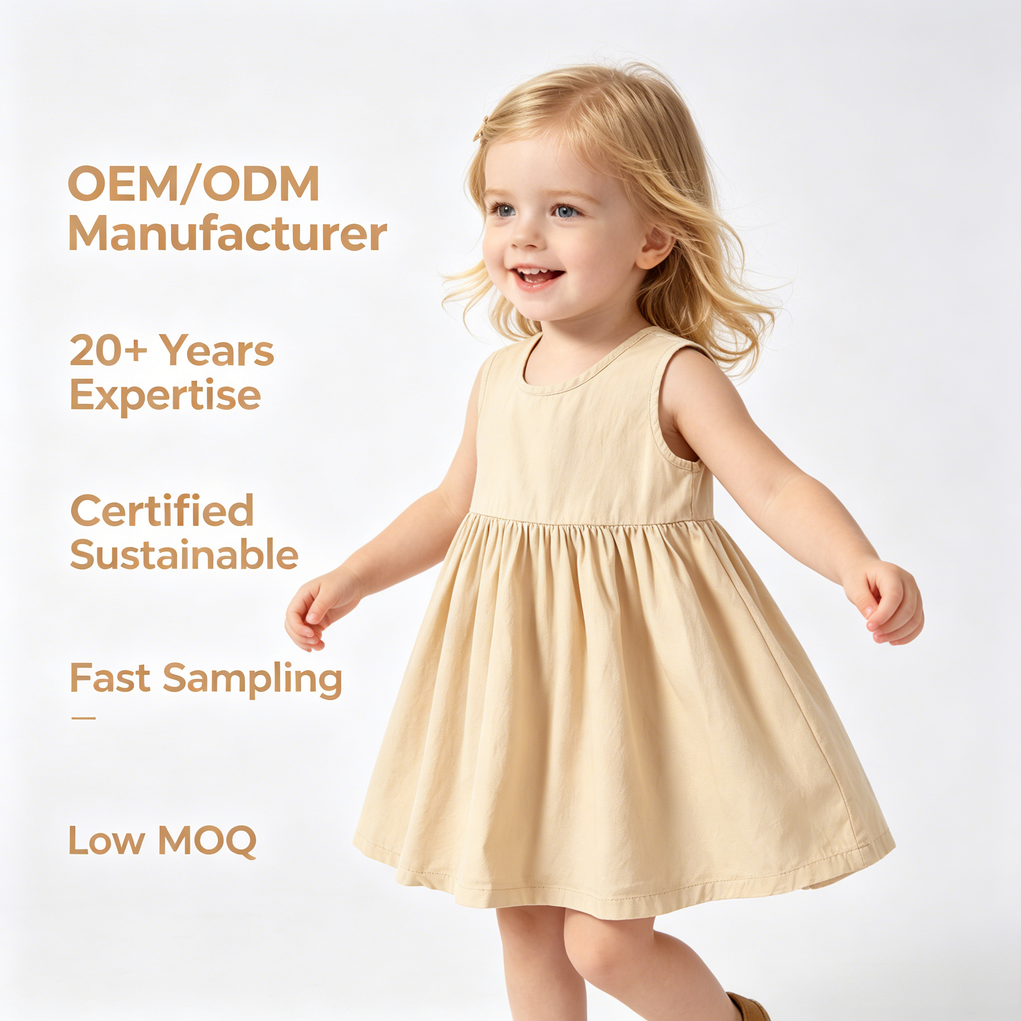 Robe sans manches en coton 100 % pour bébé fille, OEM/ODM | Robe d'été écologique teinte à base de plantes pour tout-petits | Vêtements pour enfants durables personnalisés aux teintes botaniques chaudes jaunes | Vente en gros de vêtements pour enfants haut de gamme sous marque privée, collection boutique