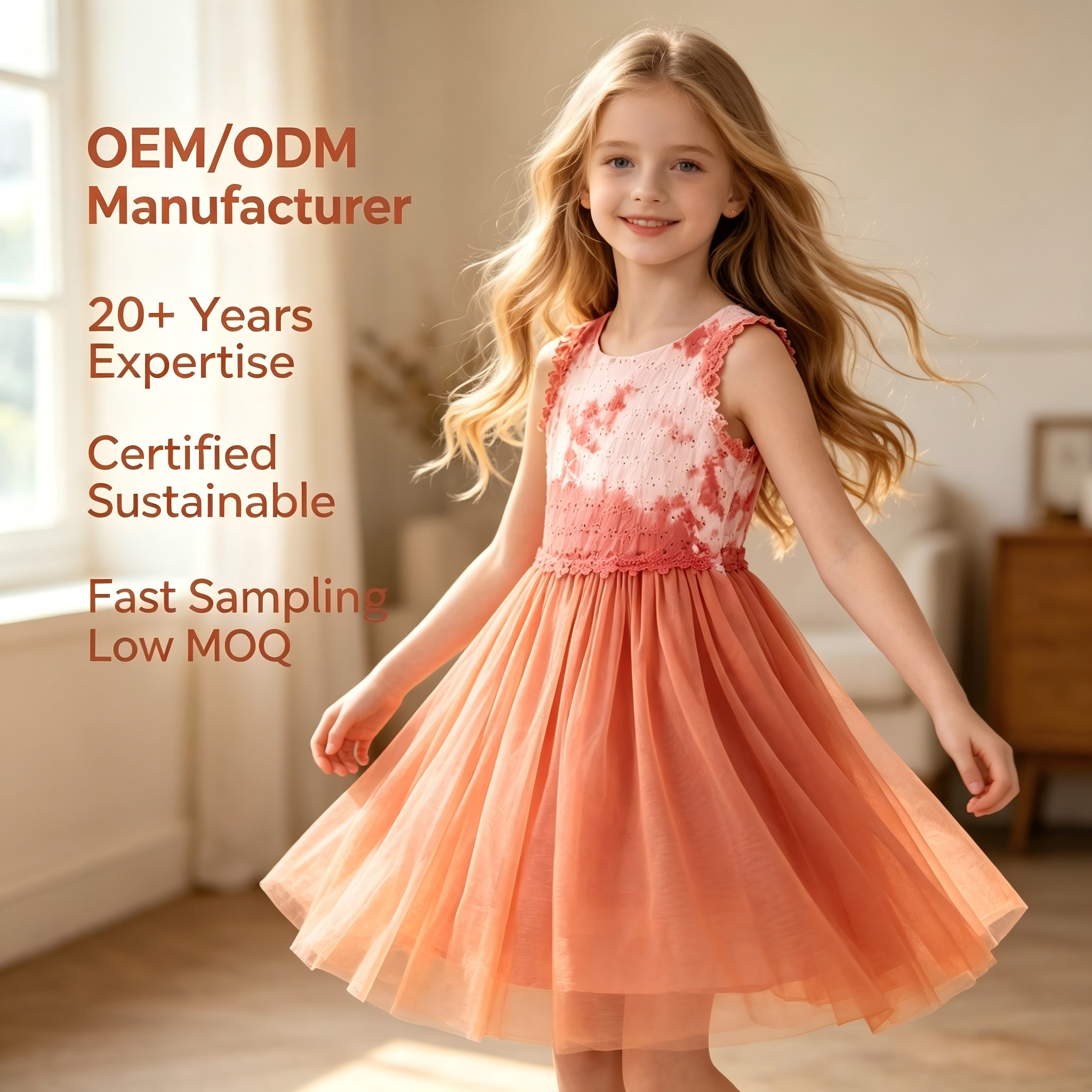 OEM/ODM Girls Dress | 100% Cotton Mesh Organic Plant-Dyed Kids Tulle Skirt | Eco-Friendly Non-Toxic Botanical Dye Eyelet Lace Toddler Apparel for Private Label | Sustainable Breathable Children Boutique Clothing Wholesale