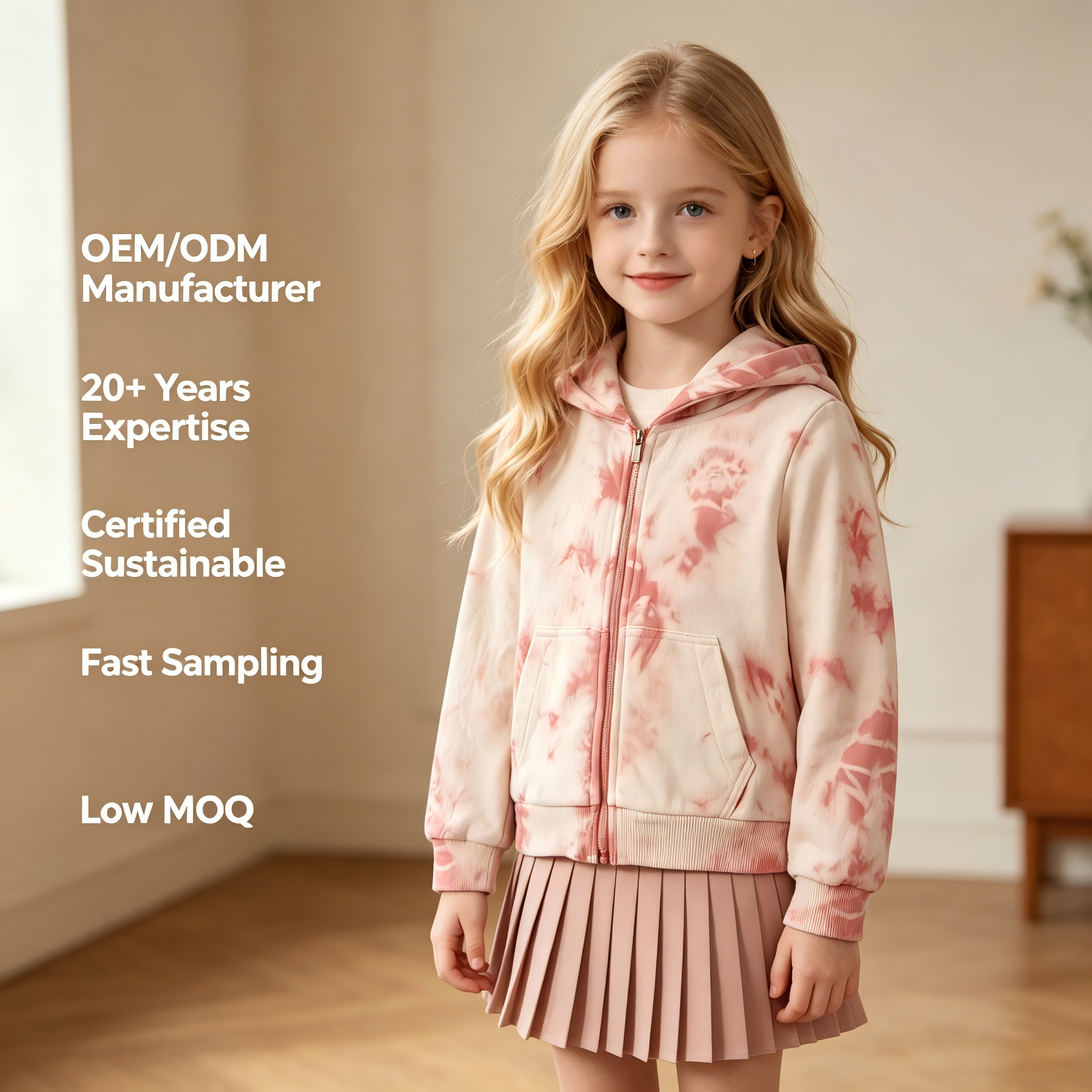 Sweat à capuche zippé pour enfants en coton 100 % tie-dye OEM/ODM | Veste pour enfants en molleton français teint aux plantes, éco-responsable, 290 g/m² | Sweat-shirt pour tout-petits aux teintes botaniques corail rose, durable et personnalisable | Vente en gros de vêtements d’extérieur avec marque privée, destinés aux boutiques