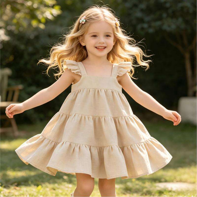 OEM ODM Baby Cotton Linen Tiered Dress Custom Infant Ruffle Strap Dress 55% Cotton 45% Linen Sleeveless Summer Toddler Dress Boutique Baby Girl Dress Private Label Children's Clothing Manufacturer