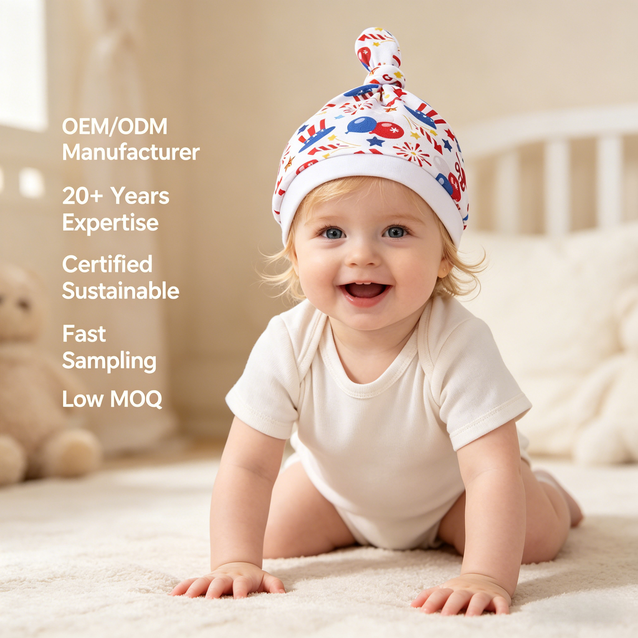 Producent af tilpasset patriotisk babyknudehat | OEM/ODM-leverandør af feriebabybælte