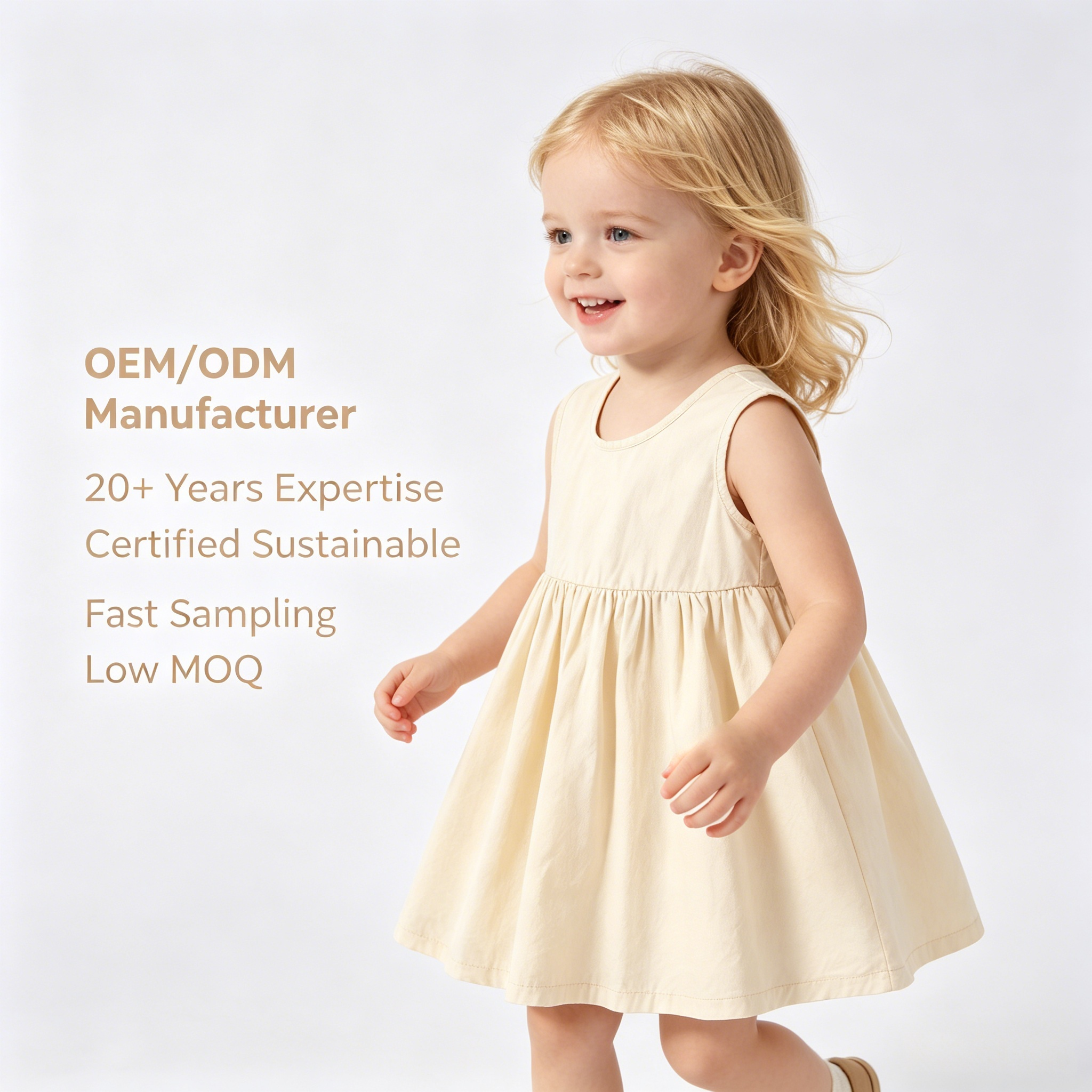OEM/ODM 100% Cotton Tank Baby Girl Dress | Eco-Friendly Plant-Dyed Toddler Sun Dress | Custom Sustainable Botanical Cream Kids Apparel | Wholesale Premium Private Label Boutique Children Clothing