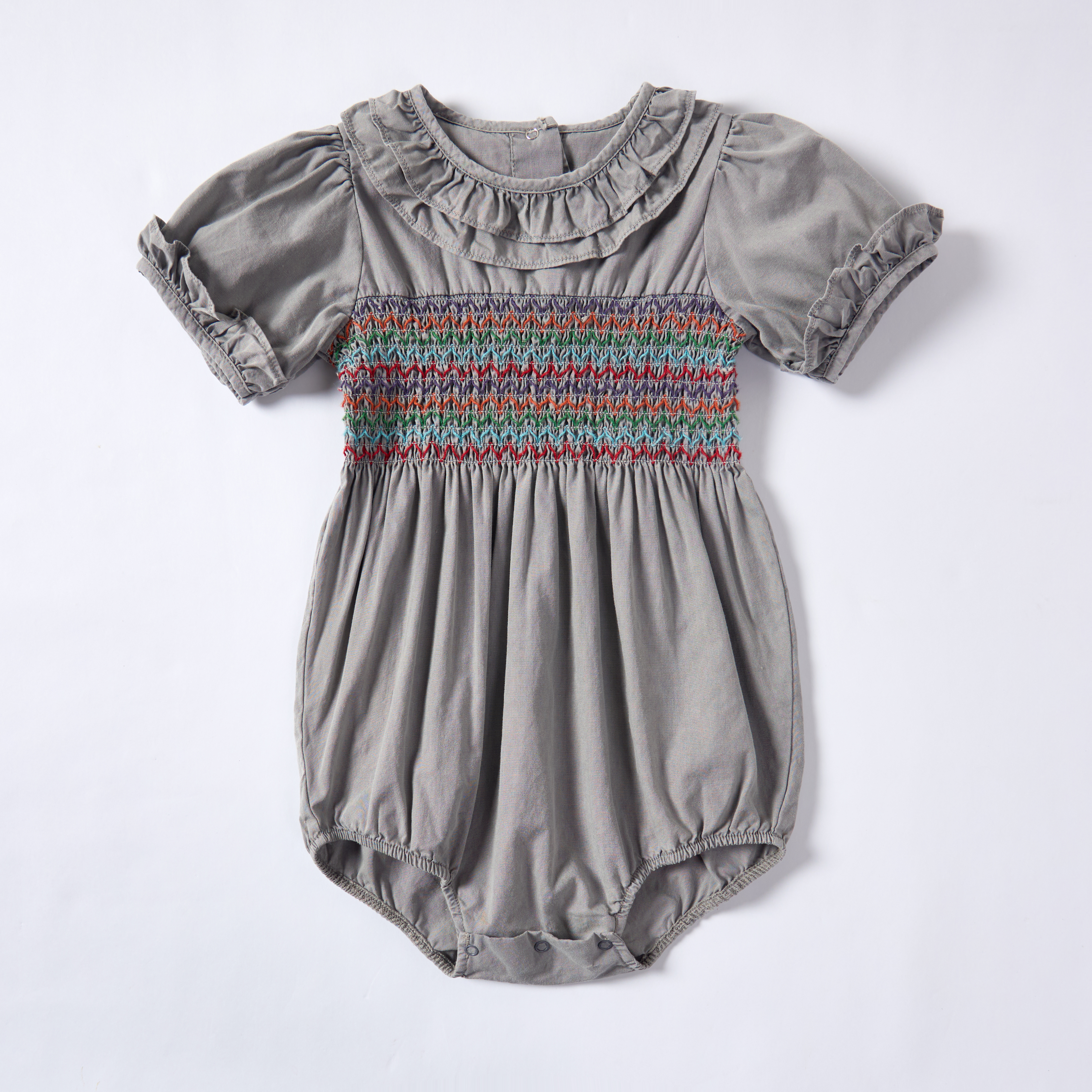Gray Gallnut Pomegranate Peel Dyed Short-Sleeved Embroidered Smock Baby Rompers