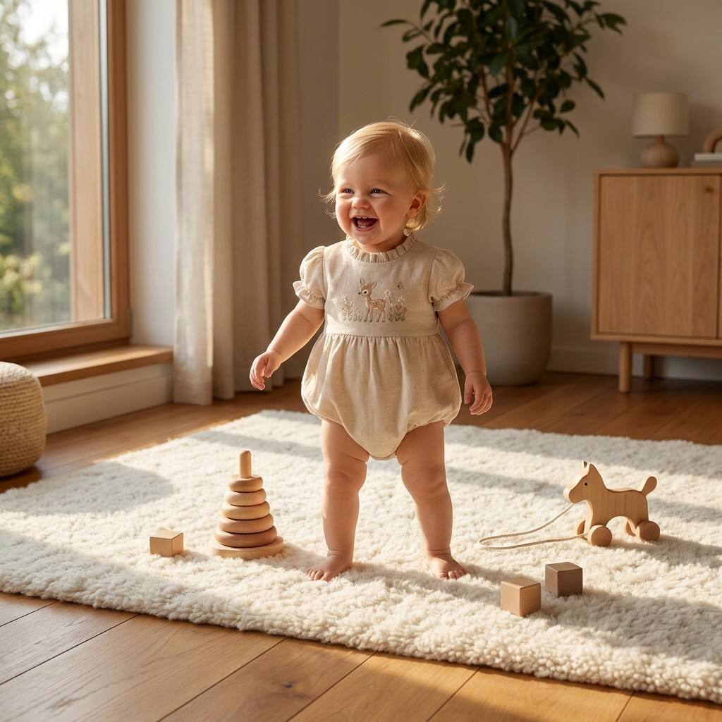 Custom Baby Girl Cotton Linen Romper 55% Cotton 45% Linen Embroidered Deer Bubble Romper OEM ODM Infant Clothing Manufacturer Private Label Babywear Supplier