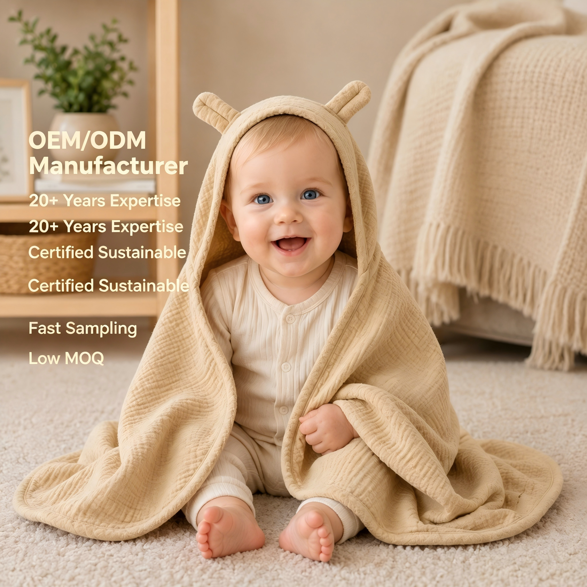 Custom Organic Hooded Baby Blanket Supplier | Plant Dyed Muslin Cotton Infant Swaddle Wrap for OEM ODM Private Label Brands
