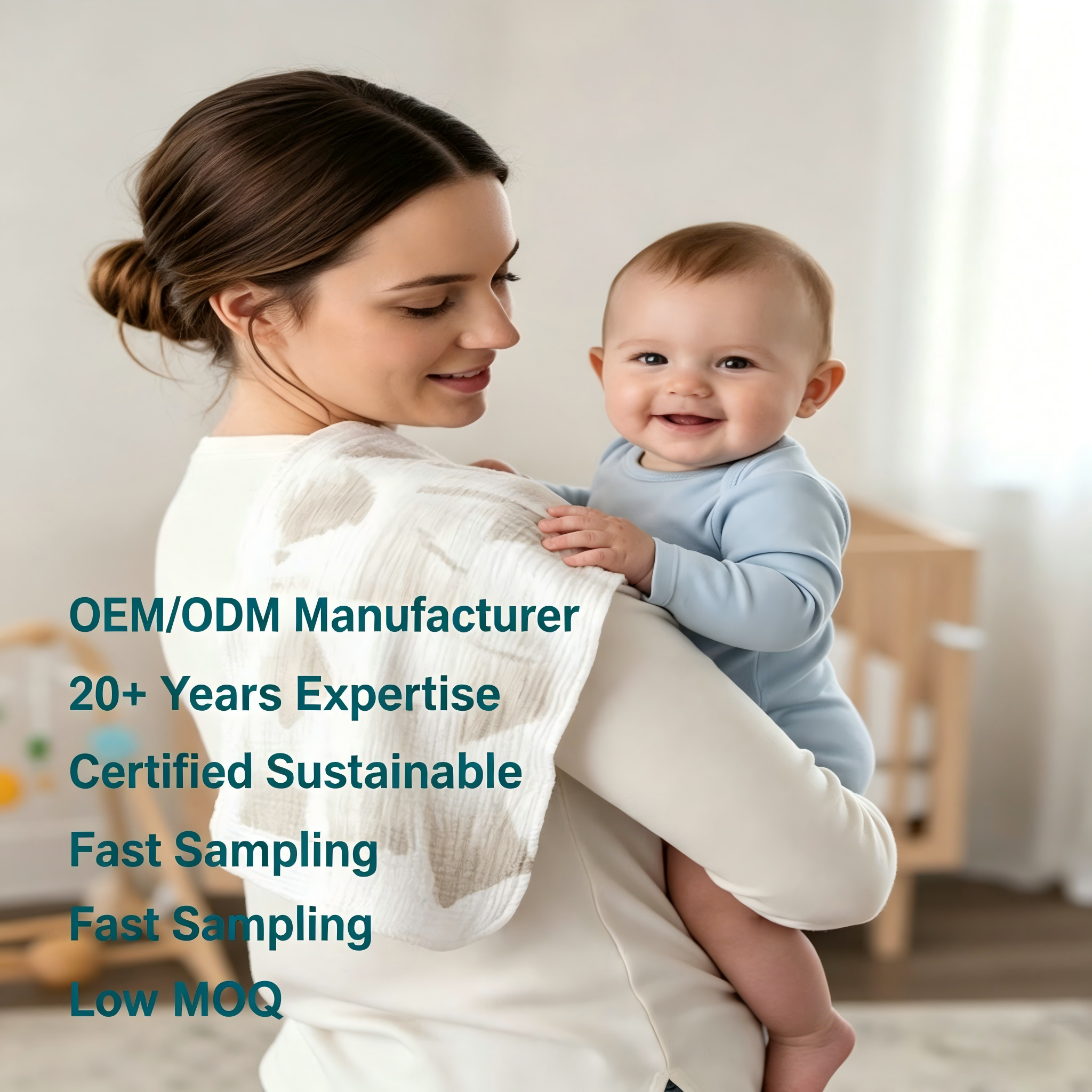 OEM/ODM Premium Baby Burp Cloth | 100% Organic Cotton Plant-Dyed Muslin Washcloth | Eco-Friendly Non-Toxic Botanical Dye Brush Stroke Print Infant Spit-Up Rag for Private Label | Sustainable Absorbent Nursing Essential