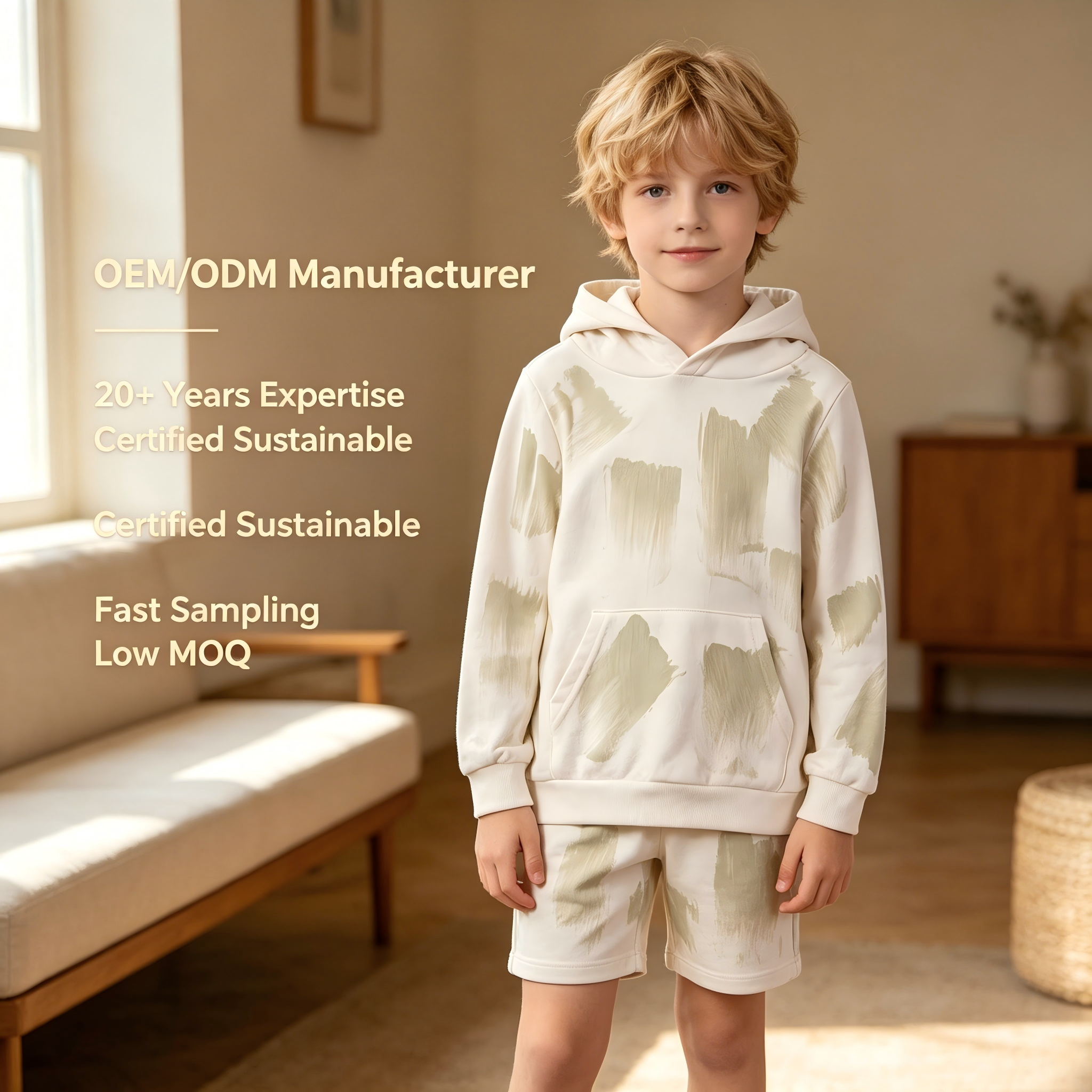 OEM/ODM Children's Brush Stroke Print Hoodie | 100% Cotton Organic Plant-Dyed Kids Pullover | Eco-Friendly Non-Toxic Botanical Dye Sweatshirt for Private Label | Sustainable Breathable Toddler Wear | Wholesale Manufacturer