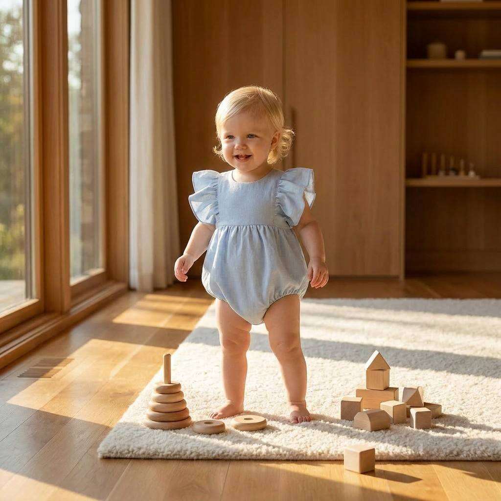 Custom Cotton Linen Baby Girl Romper | OEM ODM Infant Ruffled Bubble Sunsuit Manufacturer | Bulk Private Label Soft Breathable Newborn Toddler Ruffle Sleeve Bodysuit Diaper Snap Closure Supplier