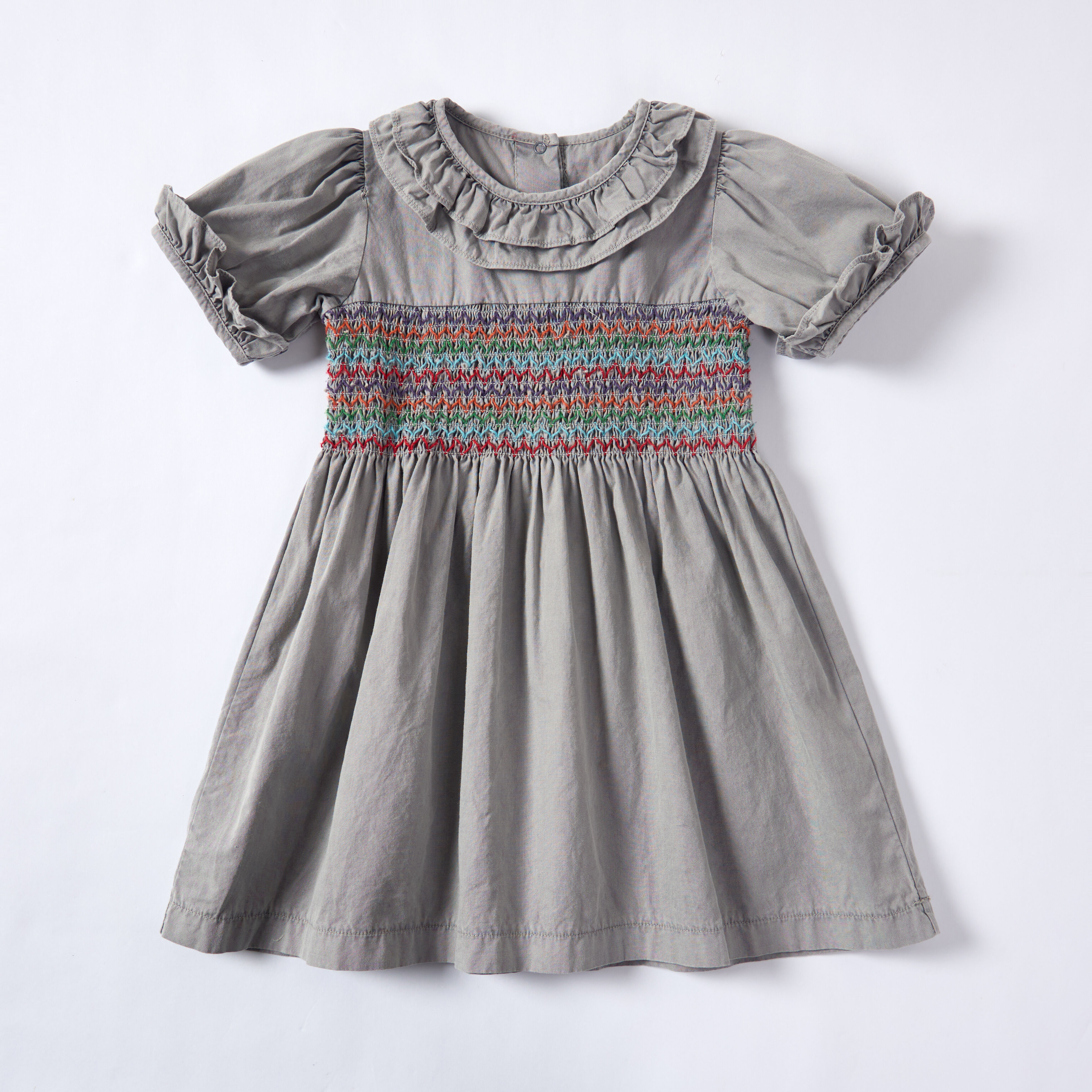 Gray Gallnut Pomegranate Peel Dyed Short-Sleeved Embroidered Smock Dress
