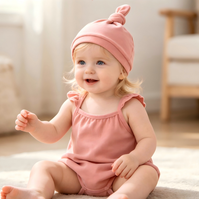 Bonnet bébé en coton biologique avec nœud sur le dessus – Chapeau rose pâle pour nourrisson teint à base de plantes durables, destiné aux marques soucieuses de l’environnement – Fabricant spécialisé dans les couvre-chefs personnalisés pour nouveau-nés (OEM/ODM) – Vêtements respirants et non toxiques pour tout-petits