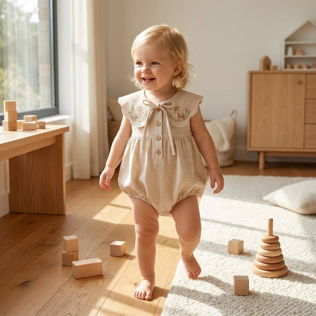 Custom Cotton Linen Baby Girl Romper with Deer Embroidery | OEM ODM Infant Peter Pan Collar Bubble Sunsuit Manufacturer | Bulk Private Label Soft Breathable Newborn Toddler Ruffle Bodysuit Diaper Snap Closure Supplier