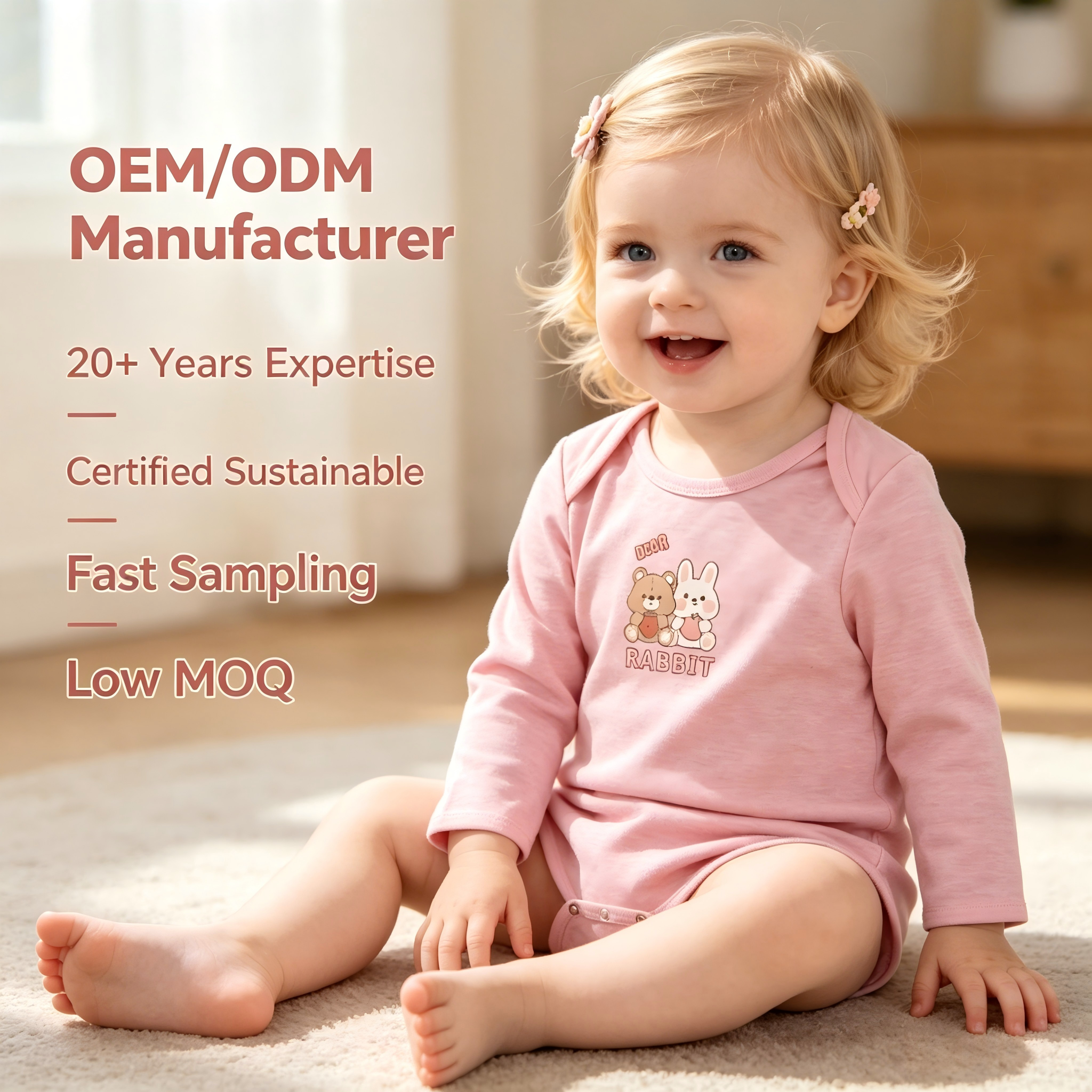 OEM/ODM Organic Cotton Long Sleeve Baby Romper with Cute Animal Print | Envelope Neck Infant Bodysuit Soft Pink Newborn Jumpsuit | Custom Private Label Baby Clothes Manufacturer