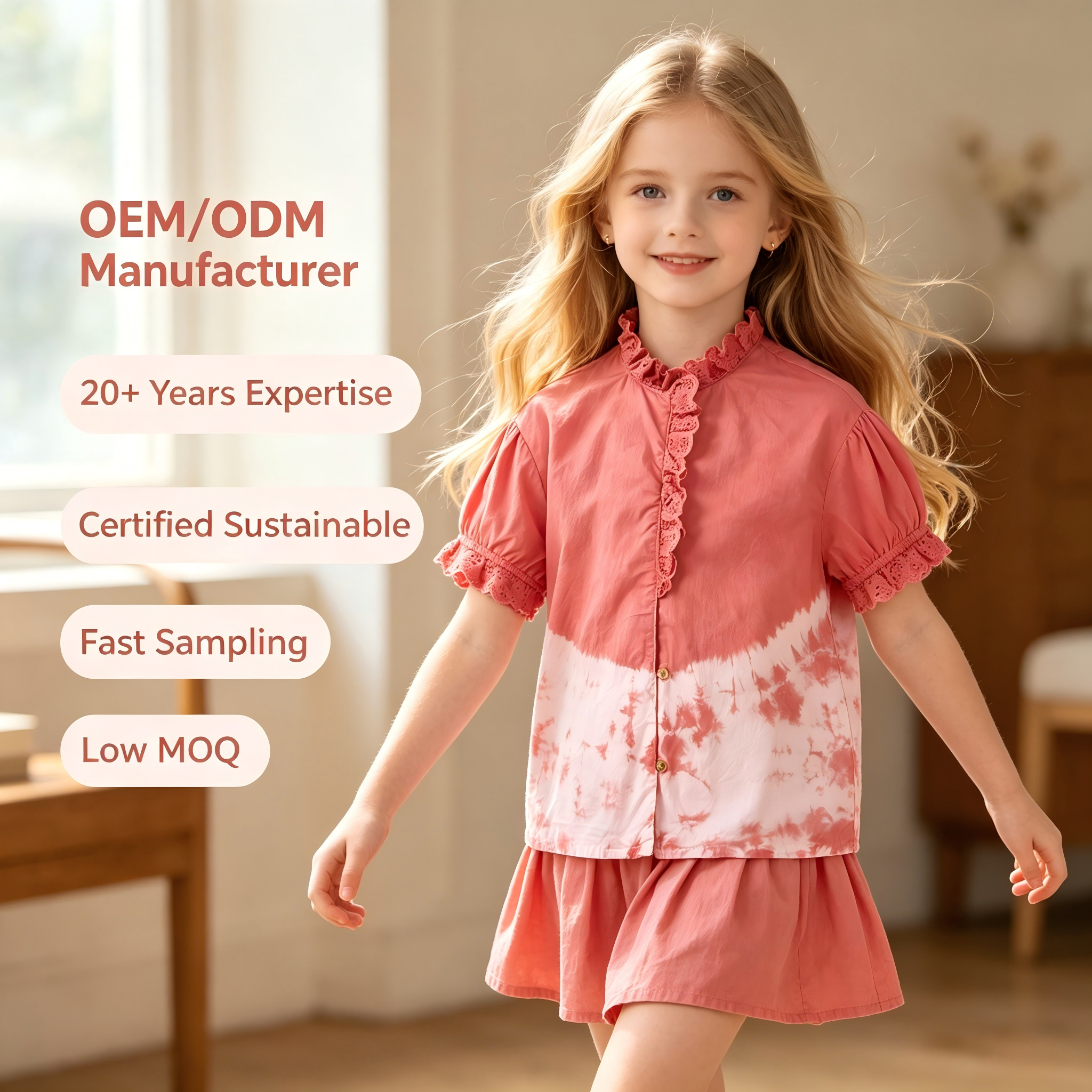 Custom Girls Cotton Tie Dye Blouse Plant Dyed Ruffle Neck Puff Sleeve Top OEM ODM Boutique Kids Clothing Manufacturer