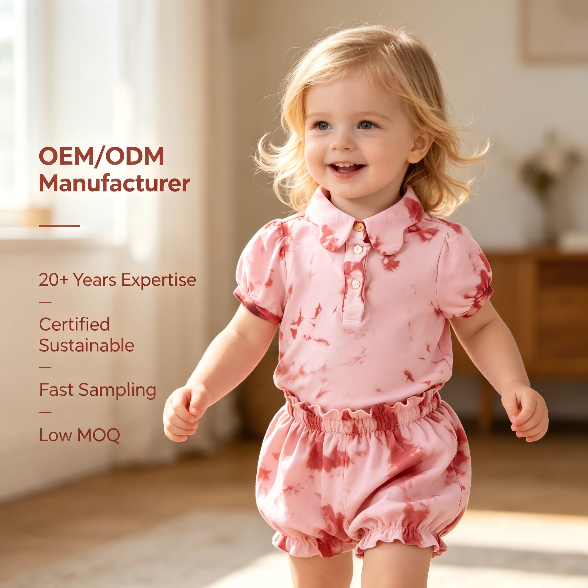 Chemisettes polo pour bébés filles, 100 % coton, OEM/ODM, teinture botanique naturelle à base de plantes, effet tie-dye, hauts pour nourrissons et tout-petits à col Peter Pan et manches bouffantes, personnalisables, vente en gros, marque privée