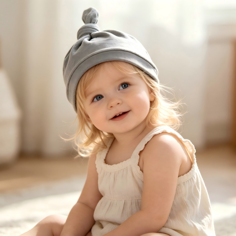 Bonnet bébé en coton biologique avec nœud sur le dessus – Chapeau gris pour nourrisson teint à base de plantes durables, destiné aux marques soucieuses de l’environnement – Fabricant spécialisé dans les couvre-chefs personnalisés pour nouveau-nés (OEM/ODM) – Accessoires respirants, non toxiques et sans produits chimiques pour tout-petits