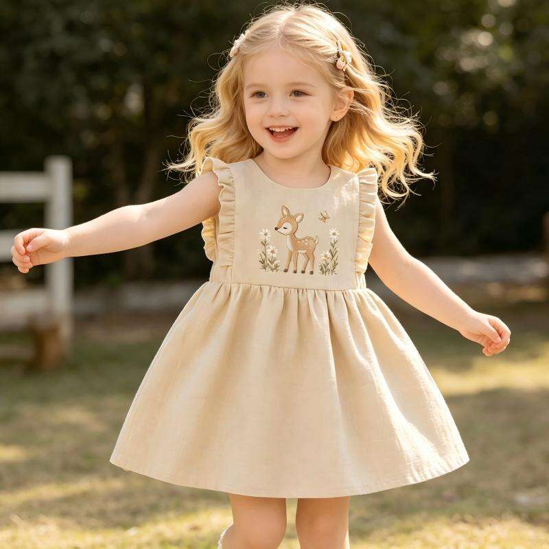 OEM ODM Baby Girl Cotton Linen Embroidered Dress Custom Deer Embroidery Infant Dress 55% Cotton 45% Linen Ruffle Sleeve Toddler Dress Private Label Baby Clothing Manufacturer