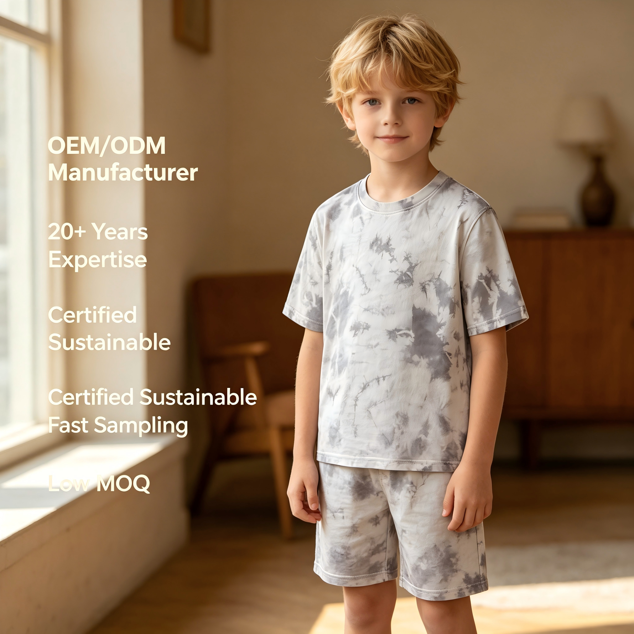 OEM/ODM Kinder-T-Shirt mit Batik-Optik und Rundhalsausschnitt | 100 % Bio-Baumwolle, kurzärmliges Kinder-T-Shirt mit Pflanzenfarben gefärbt | umweltfreundliches, ungiftiges Oberteil mit botanischen Farbstoffen für Private-Label-Marken | nachhaltige, atmungsaktive Kleinkinderbekleidung | Großhandels-Hersteller