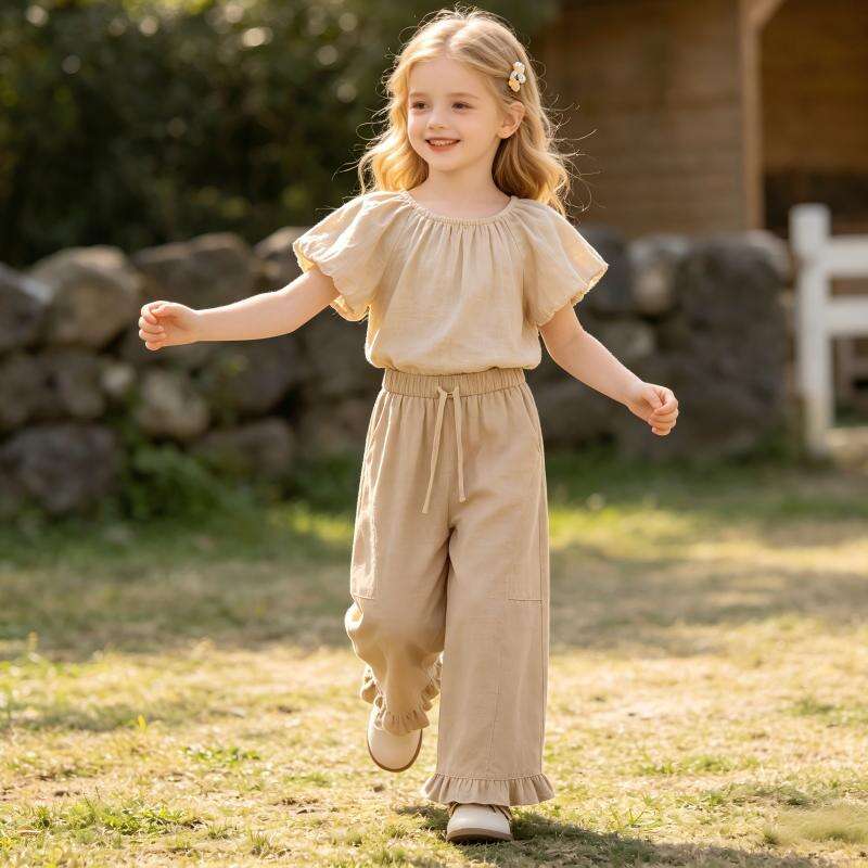 Custom Cotton Linen Girls Ruffle Hem Wide Leg Pants | OEM ODM Toddler Culottes Summer Trousers Manufacturer | Bulk Private Label Soft Breathable Children's Drawstring Wide-Leg Culottes Supplier