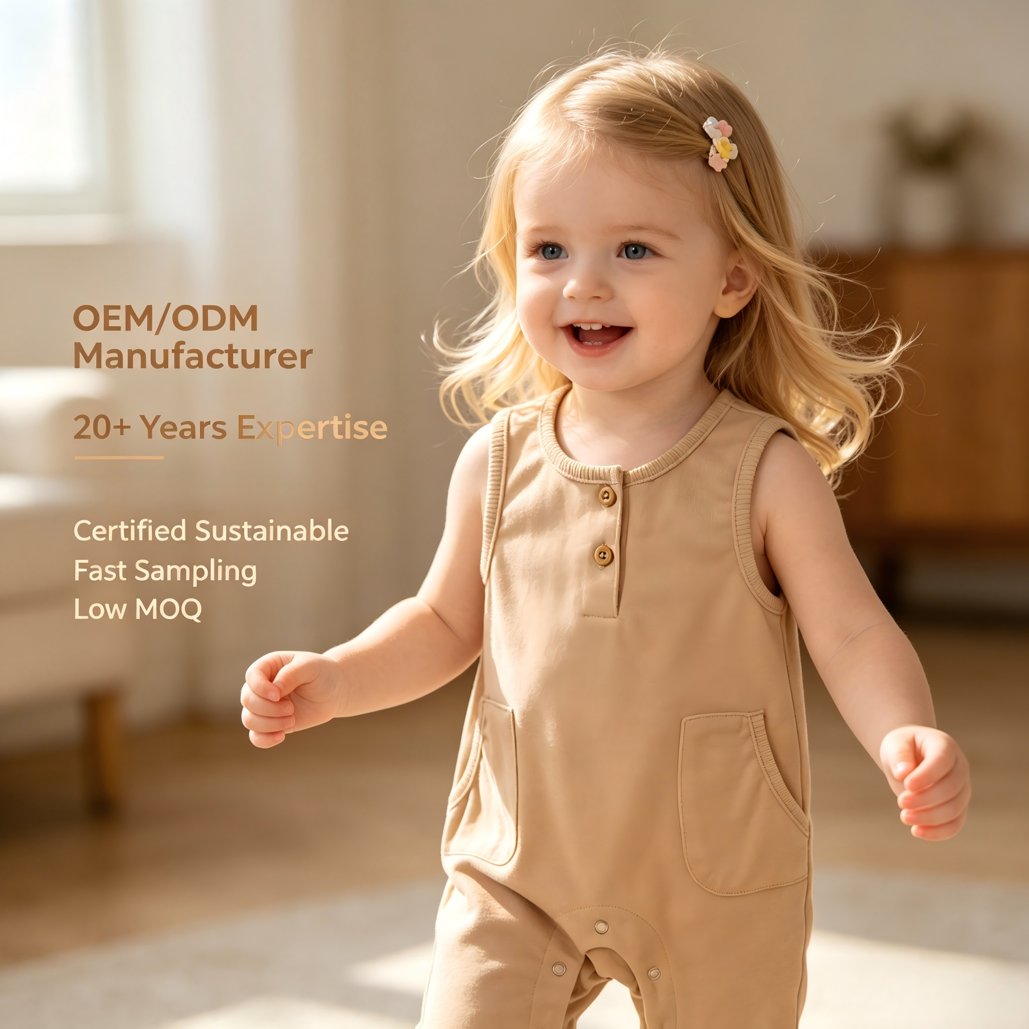 OEM/ODM Custom Organic Cotton Baby Romper Sleeveless Henley Infant Jumpsuit with Pockets | Eco-Friendly Toddler Bodysuit Wholesale Manufacturer