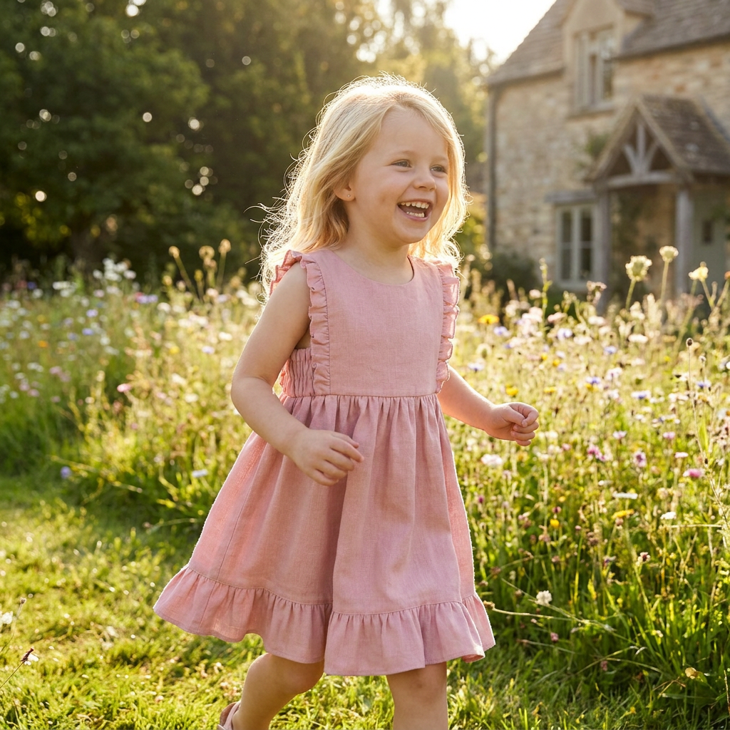 Custom Cotton Linen Baby Girl Ruffle Dress | OEM ODM Infant Ruffled A-Line Summer Dress Manufacturer | Bulk Private Label Soft Breathable Newborn Toddler Ruffle Hem Flying Sleeve Dress Supplier