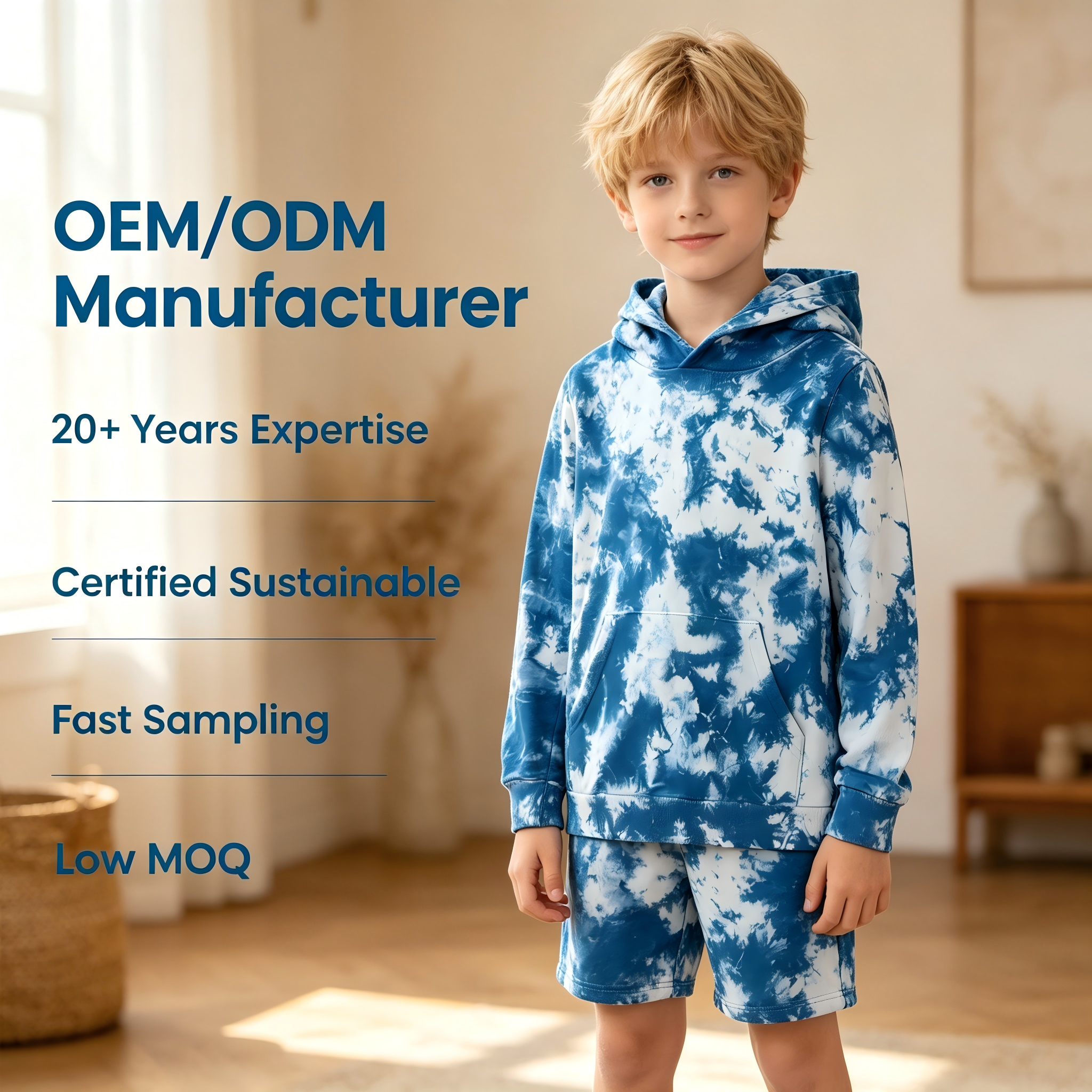 OEM/ODM op maat gemaakte kinder-tie-dye-hoodie | 100% katoen biologisch, met planten gekleurd kinder-pullover | diep indigo, niet-toxisch botanisch gekleurd sweatshirt voor eigen merk | duurzame, ademende peuterkleding | groothandelsfabrikant