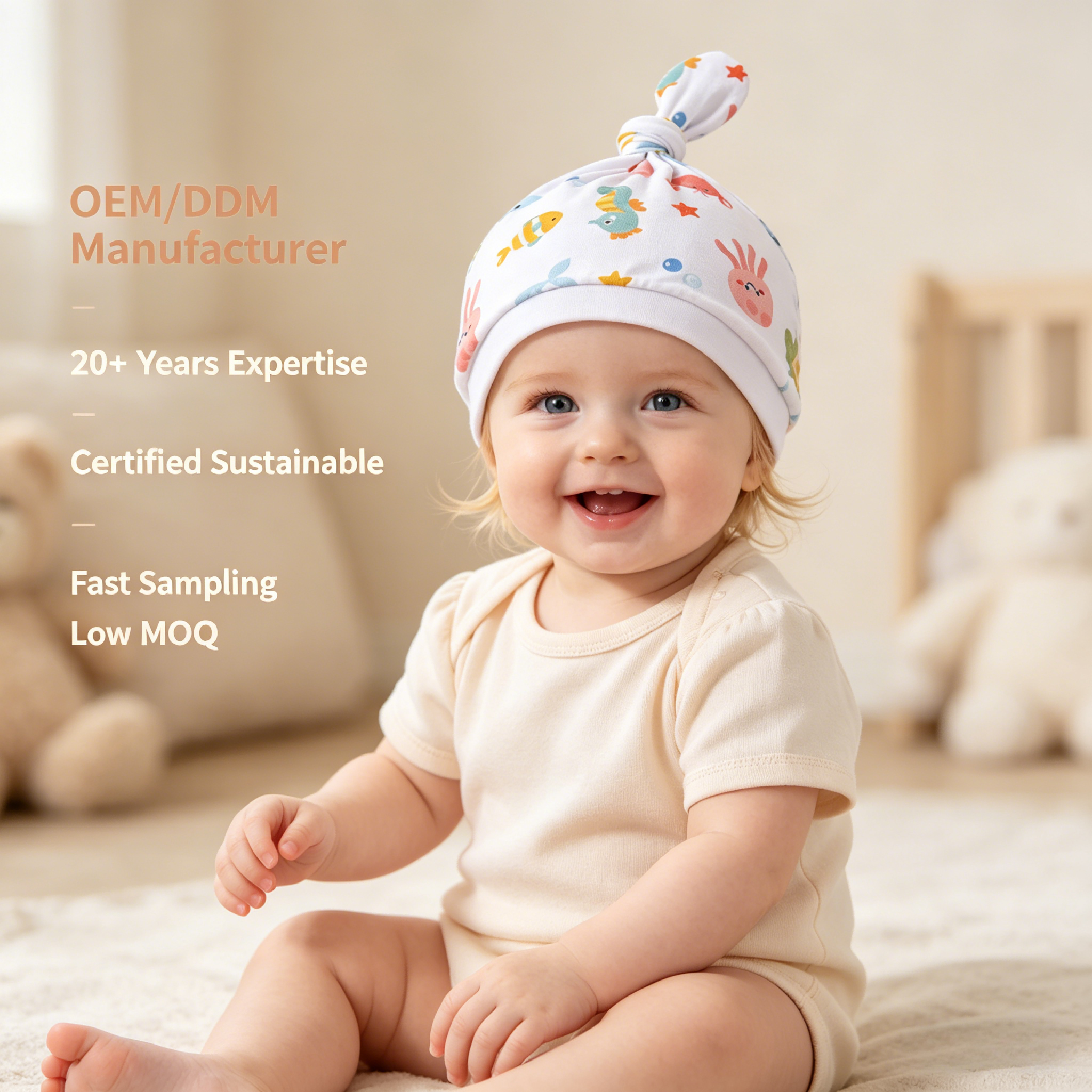 Producent af tilpasset havdyr-babyknudehat | OEM/ODM-leverandør af trykt babybælte