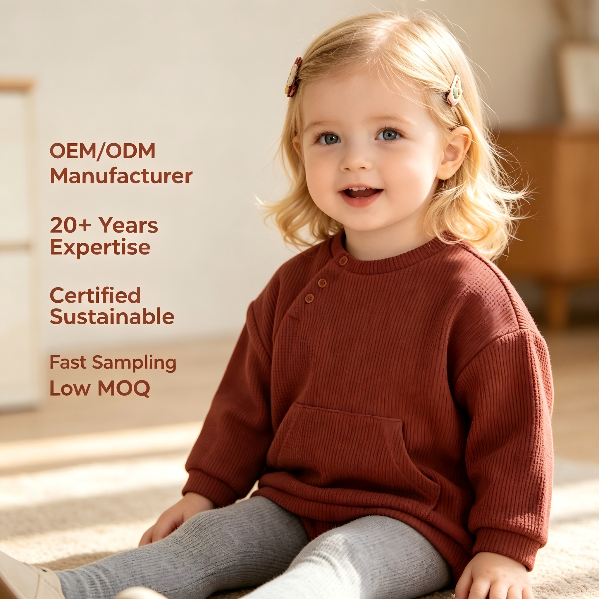 OEM/ODM Organic Cotton Waffle Knit Baby Sweater Toddler Long Sleeve Pullover with Kangaroo Pocket | Side Shoulder Snap Infant Top Custom Private Label Manufacturer