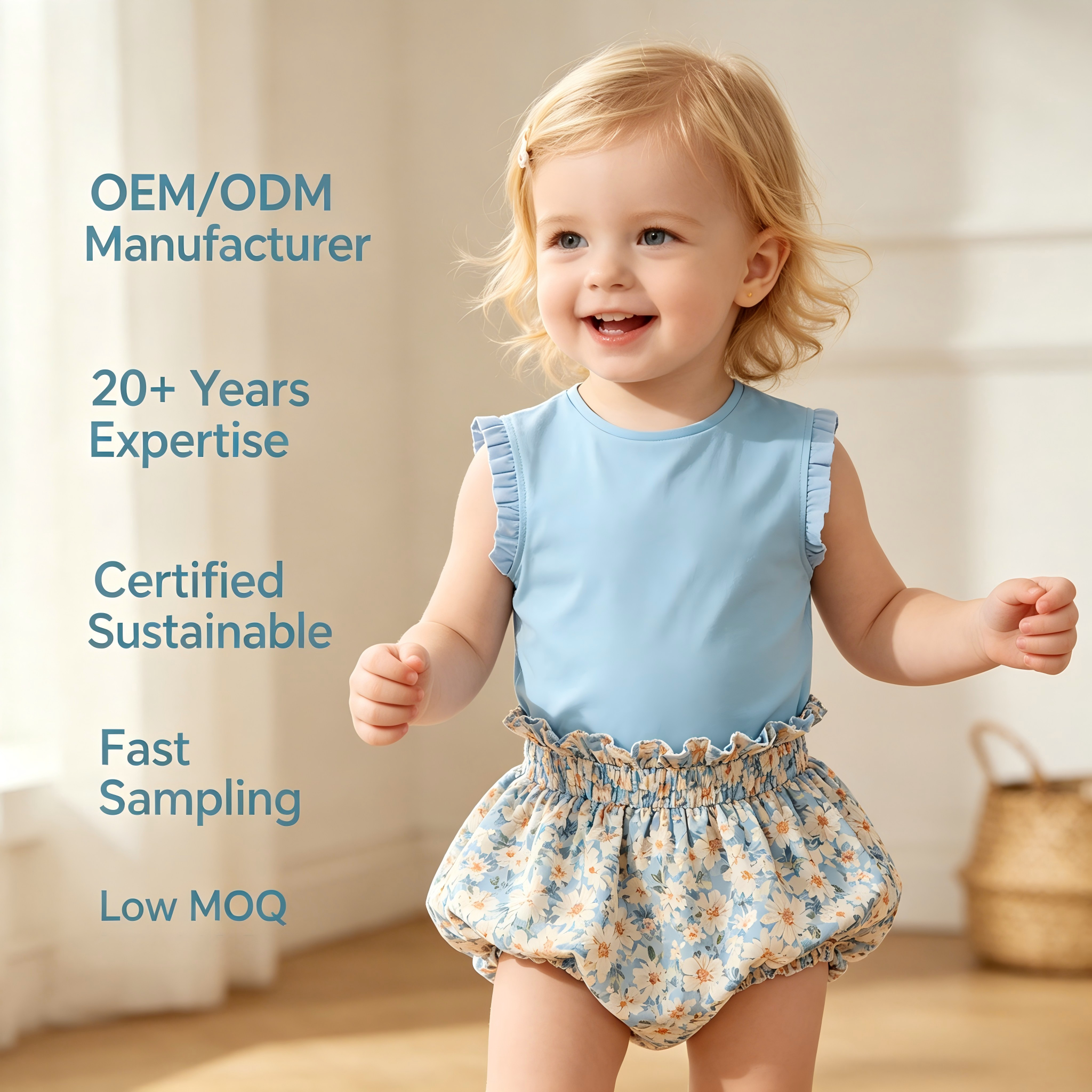 Premium Organic Cotton Baby Girl Tank Top, Sleeveless Light Blue Crewneck Tee with Ruffle Sleeves, Soft Sustainable Toddler Summer Vest Blouse, Custom Kids Boutique Apparel Private Label Manufacturer OEM ODM