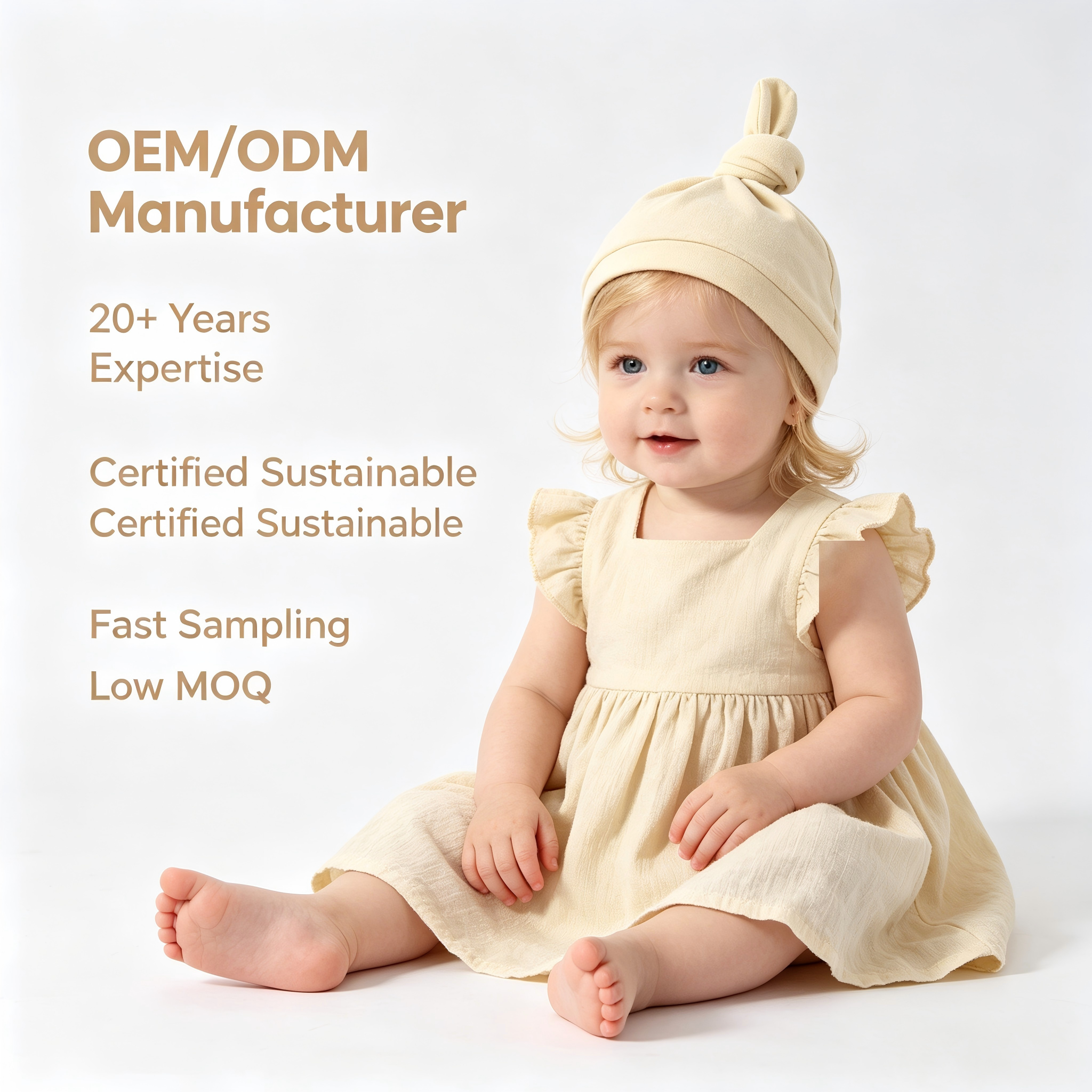 Bonnet pour bébé à nœud sur le dessus en coton biologique – Bonnet crème pour nourrissons teint à base de plantes, destiné aux marques éco-responsables – Fabricant de couvre-chefs pour nouveau-nés sous marque propre (OEM) ou conception sous marque propre (ODM) personnalisé – Vêtements pour tout-petits non toxiques, sans produits chimiques et respirants