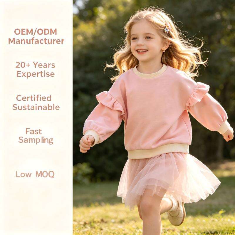 OEM/ODM Custom Kids' Pink Ruffle Sweatshirt - Soft Plush Long Sleeve Top for Girls, Crew Neck with Contrast Trim, Bulk Manufacturing & Private Label Available
