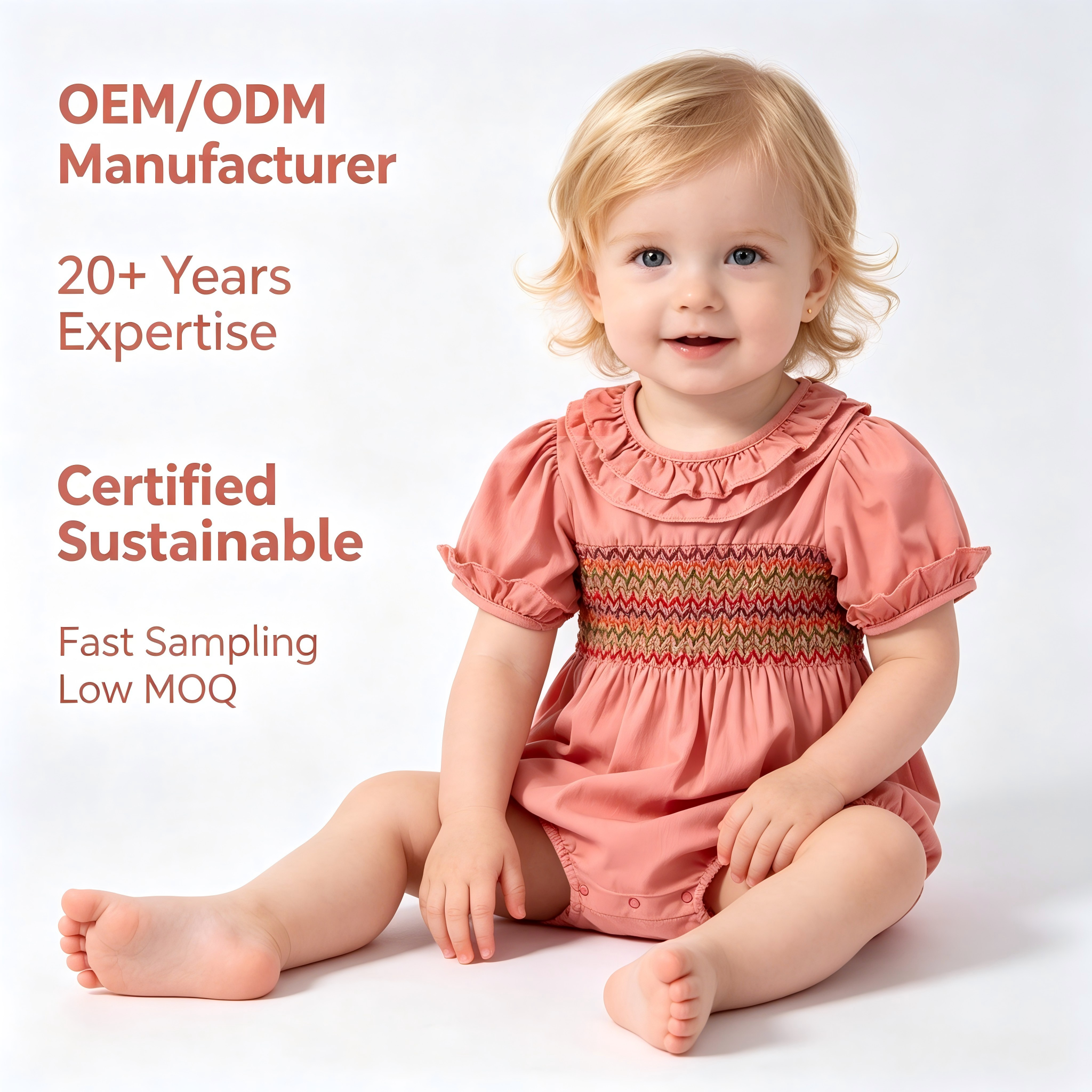 OEM/ODM Vintage 100% Cotton Smocked Baby Romper | Eco-Friendly Plant-Dyed Infant Jumpsuit | Custom Sustainable Ruffle Collar Newborn Bubble Bodysuit | Hand-Smocked Boutique Toddler Apparel Wholesale