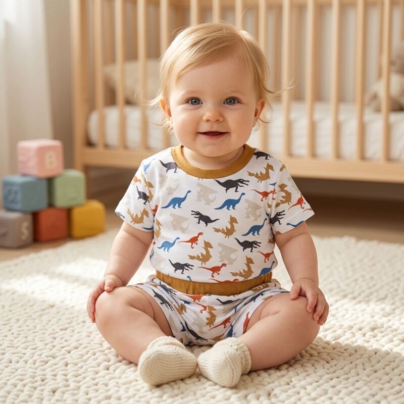 OEM/ODM Brugerdefineret baby-dinosaurmønster pyjamasæt – T-shirt med korte ærmer og bukser, 2-deligt sommersæt – Engros med privat mærke