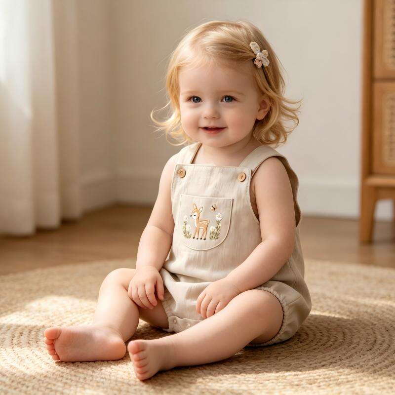 OEM ODM Baby Cotton Linen Suspender Romper Custom Embroidered Deer Infant Bubble Romper 55% Cotton 45% Linen Baby Overalls Private Label Baby Clothing Manufacturer