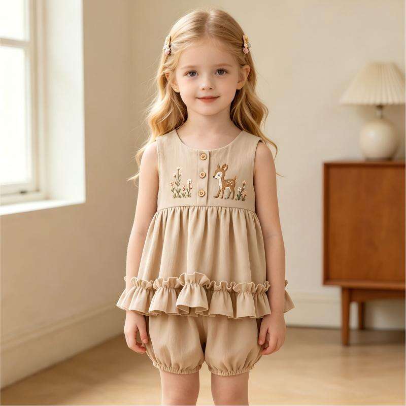 OEM ODM Baby Girl Cotton Linen Dress Set Custom Embroidered Deer Infant Sleeveless Ruffle Dress with Bloomers 55% Cotton 45% Linen Baby Clothing Manufacturer