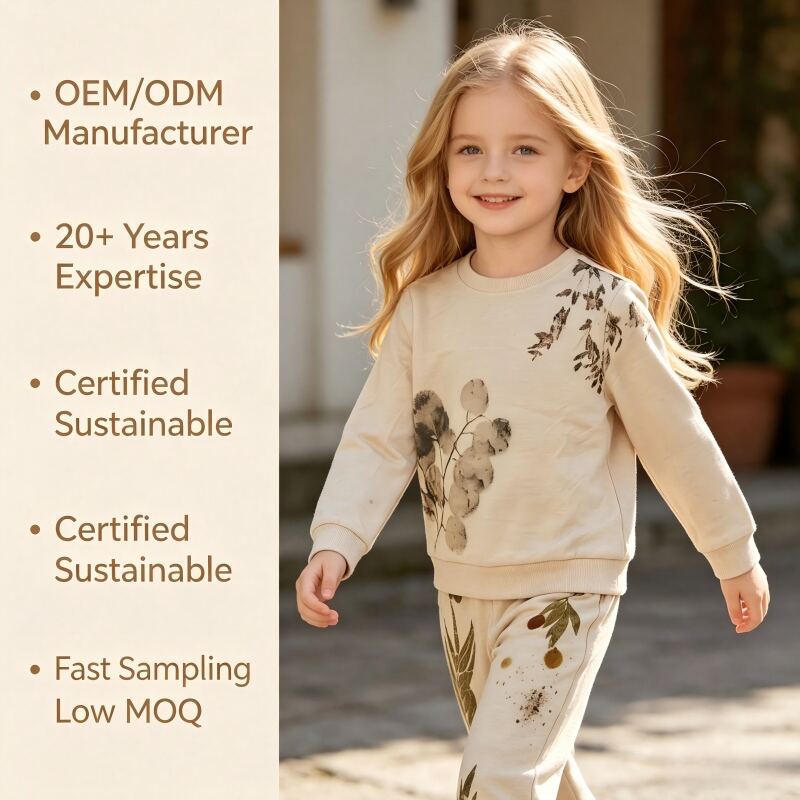 OEM ODM Kids Tracksuit, 2-Piece 100% Cotton Terry Sweatshirt & Pants Set with Natural Plant-Dyed Heat Transfer Print, Eco-Friendly Customizable Children’s Loungewear for Brands