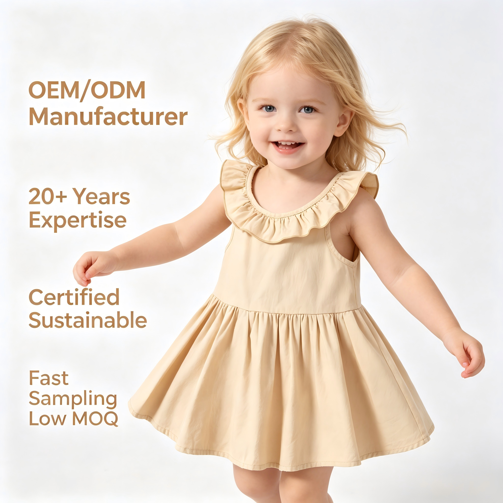 Robe à volants pour bébé fille, 100 % coton OEM/ODM | Robe d'été écologique teinte avec des plantes pour tout-petits | Tablier d'enfant sans manches personnalisé, durable et botanique | Vente en gros de vêtements enfants haut de gamme, marque privée et boutique spécialisée