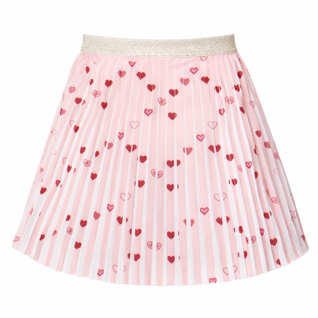 Custom Girls’ Recycled Polyester Pleated Skirt with Heart Print | Sustainable Kidswear OEM/ODM